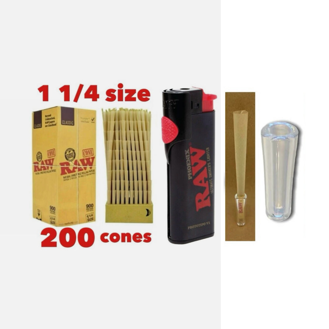 RAW Classic 1 1/4 Size cone pre rolled (50, 100, 200, 300, 400, 500) + Raw Phoenix refillable lighter + Glass tip