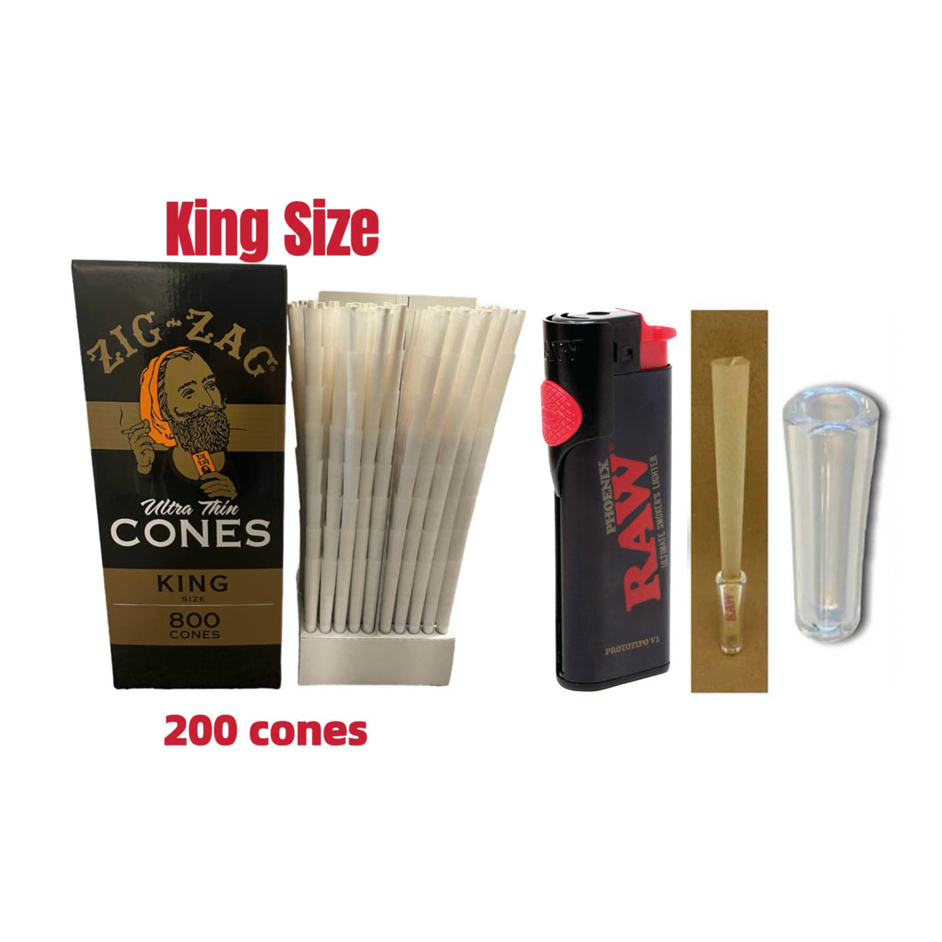 Zig Zag Ultra Thin King Size cone pre rolled (100, 200, 300, 400, 500) + Raw phoenix lighter + Glass tip