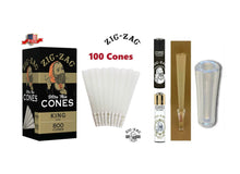 Load image into Gallery viewer, Zig Zag Ultra Thin King Size cone pre rolled + Zig Zag Clipper Refillable Lighter + Glass Tip
