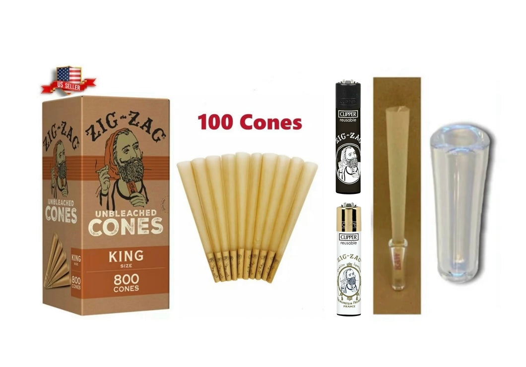 Zig Zag Unbleached King Size cone pre rolled + Zig Zag Clipper Refillable Lighter + Glass Tip