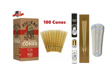Load image into Gallery viewer, Zig Zag Unbleached 1 1/4 Size cone pre rolled + Zig Zag Clipper Refillable Lighter + Glass Tip
