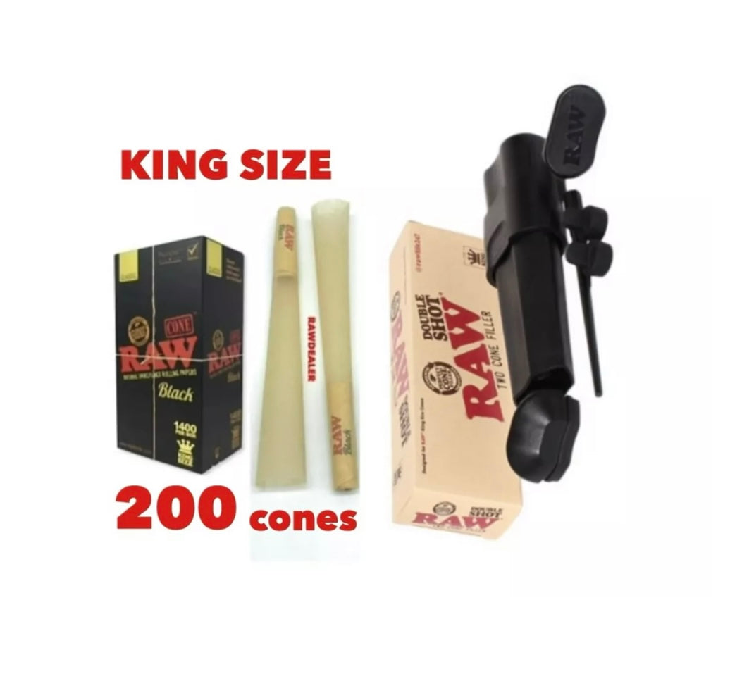 Raw black king size pre-rolled cone 25/50/100/200/300 + RAW double shot 2 cone filler loader