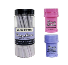 Load image into Gallery viewer, Blazy Susan purple king size pre rolled cone (50 jar) + Blazy Susan mini 4-piece herb saver grinder
