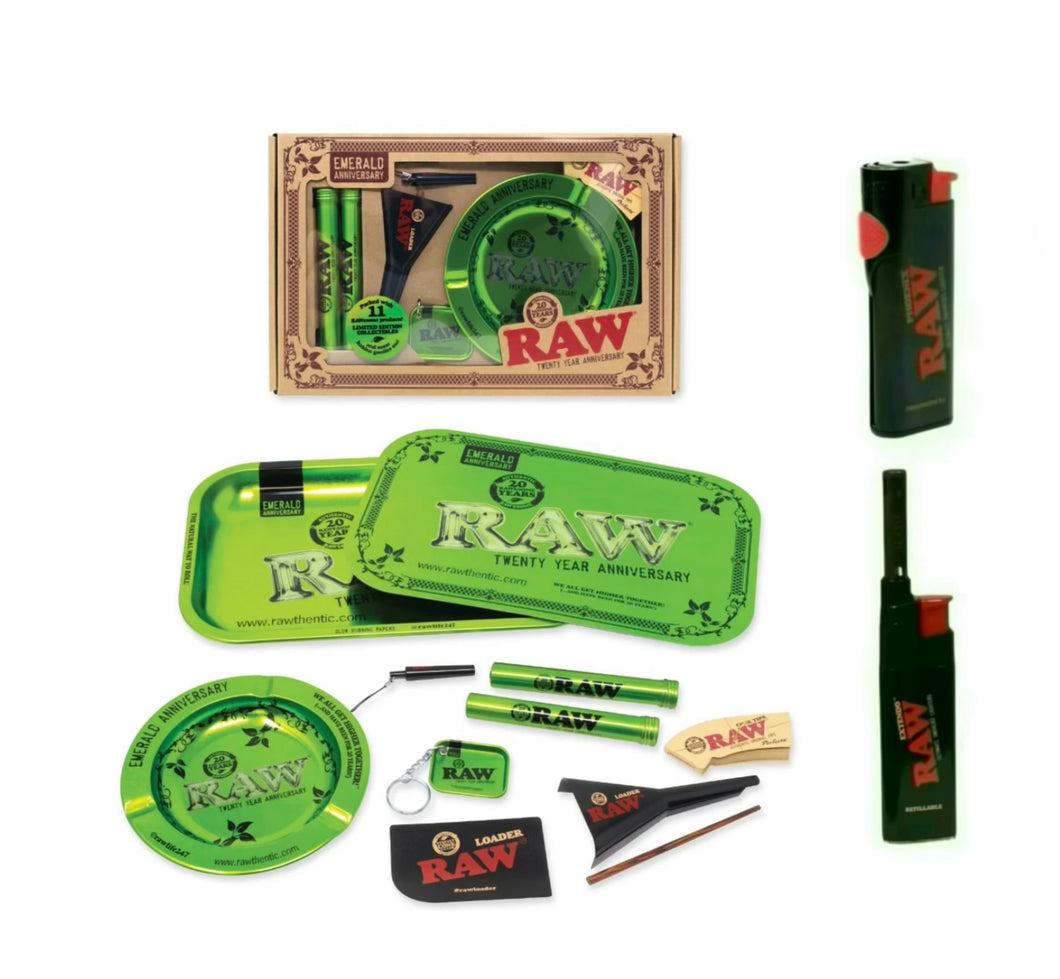 RAW 20th anniversary emerald gift set limited edition + RAW phoenix lighter + RAW extendo lighter