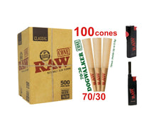 Load image into Gallery viewer, Raw dogwalker 70/30 pre rolled cone single size + raw phoenix lighter + raw extendo lighter + glass tip
