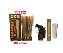 Load image into Gallery viewer, OCB Unbleached 1 1/4 Size cone pre rolled (50, 100, 200, 300, 400, 500) + Raw refillable torch lighter + Cone Glass Holder Tip
