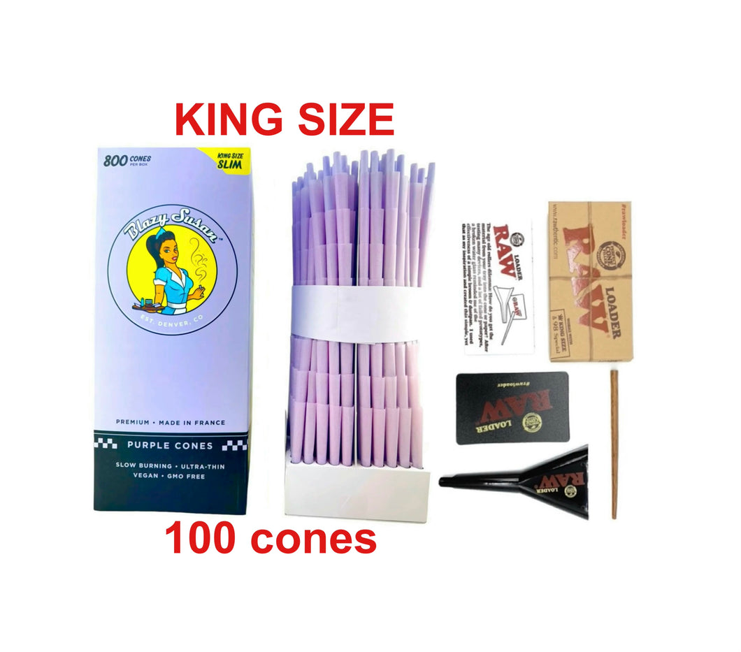 Blazy Susan purple king size cone pre rolled (50, 100, 200, 300, 400, 500) + RAW cone loader kit king size & 98 special
