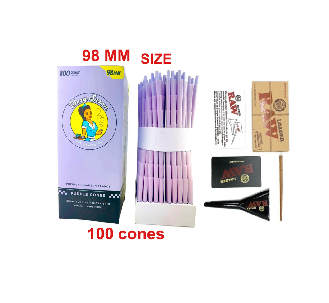 Blazy Susan purple 98 size cone pre rolled (50, 100, 200, 300, 400, 500) + RAW cone loader kit king size & 98 special