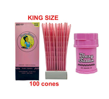 Load image into Gallery viewer, Blazy Susan pink king size pre rolled cone (25, 50, 100, 200, 300, 500) + Blazy Susan mini 4-piece herb saver grinder
