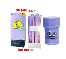 Load image into Gallery viewer, Blazy Susan purple 98 size pre rolled cone (25, 50, 100, 200, 300, 500) + Blazy Susan mini 4-piece herb saver grinder
