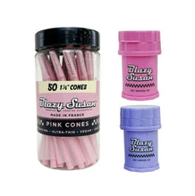 Load image into Gallery viewer, Blazy Susan pink 1 1/4 size pre rolled cone (50 jar) + Blazy Susan mini 4-piece herb saver grinder
