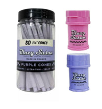 Load image into Gallery viewer, Blazy Susan purple 1 1/4 size pre rolled cone (50 jar) + Blazy Susan mini 4-piece herb saver grinder
