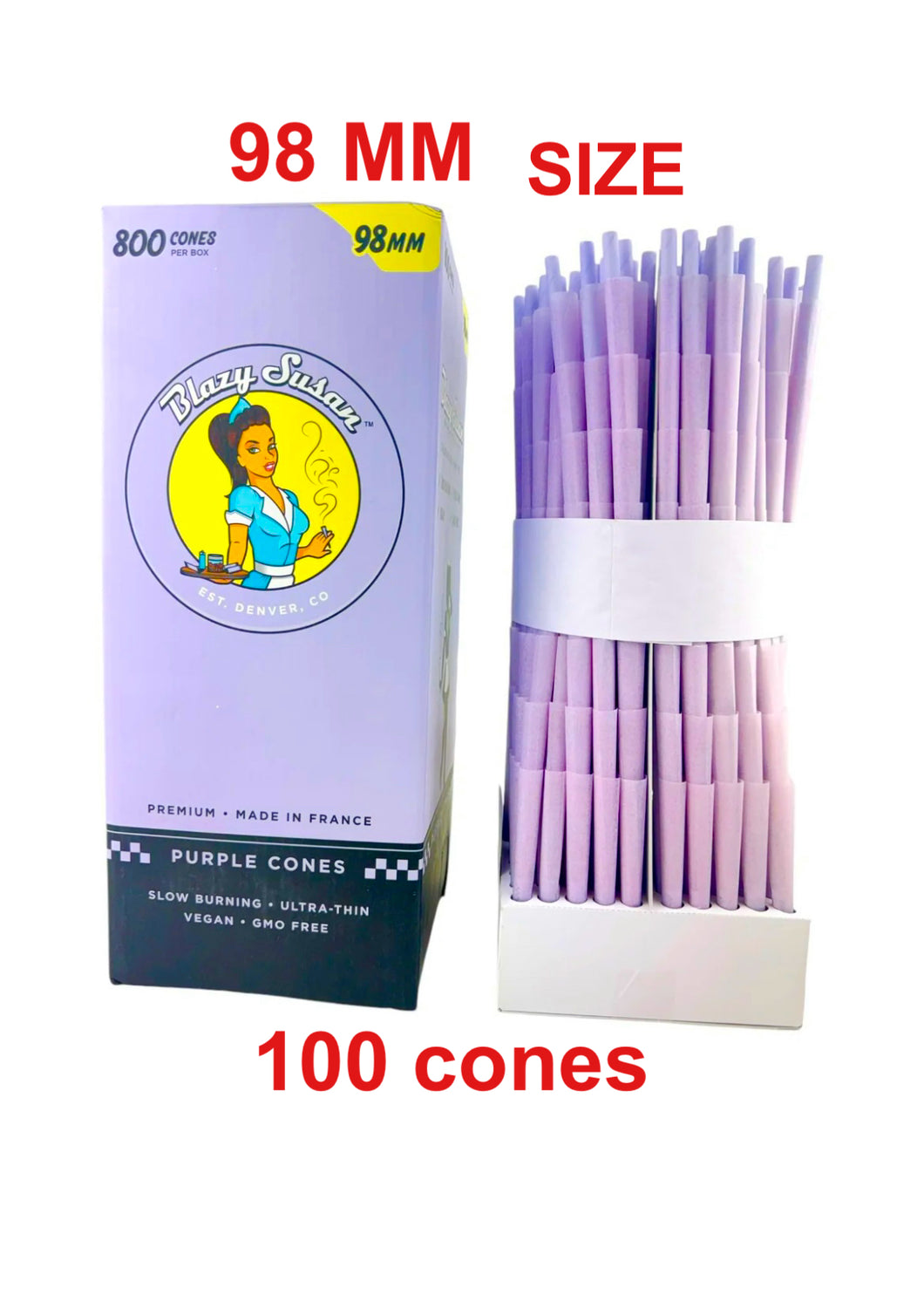 Blazy Susan purple 98mm Size cone pre rolled (100, 200, 300, 400, 500)