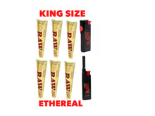 Load image into Gallery viewer, RAW classic ethereal king size pre rolled cone + raw phoenix lighter + raw extendo lighter

