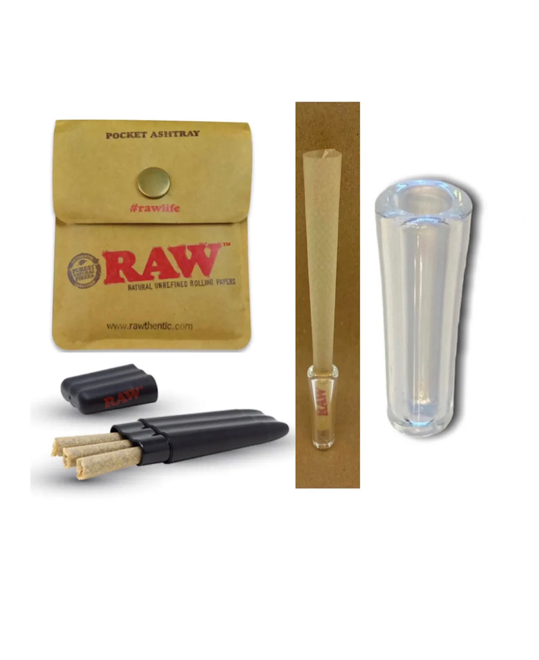 RAW Three Tree Cone Case + raw pocket ashtray + glass cone holder tip
