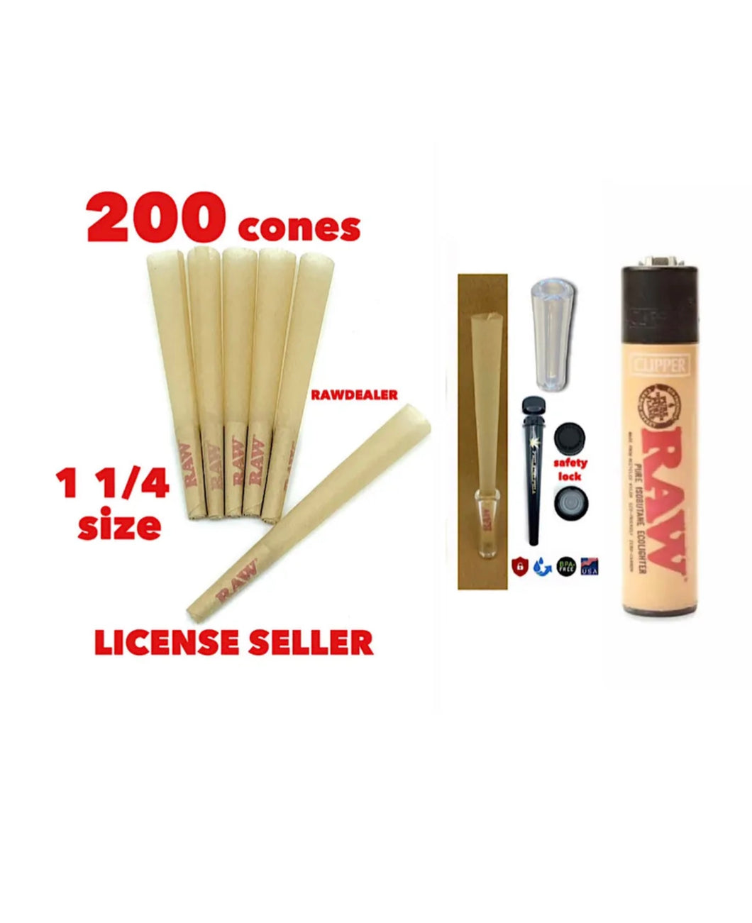 raw cone classic 1 1/4 size pre rolled cone(200pk & 100pk) + RAW clipper lighter )+ glass cone tip + tube