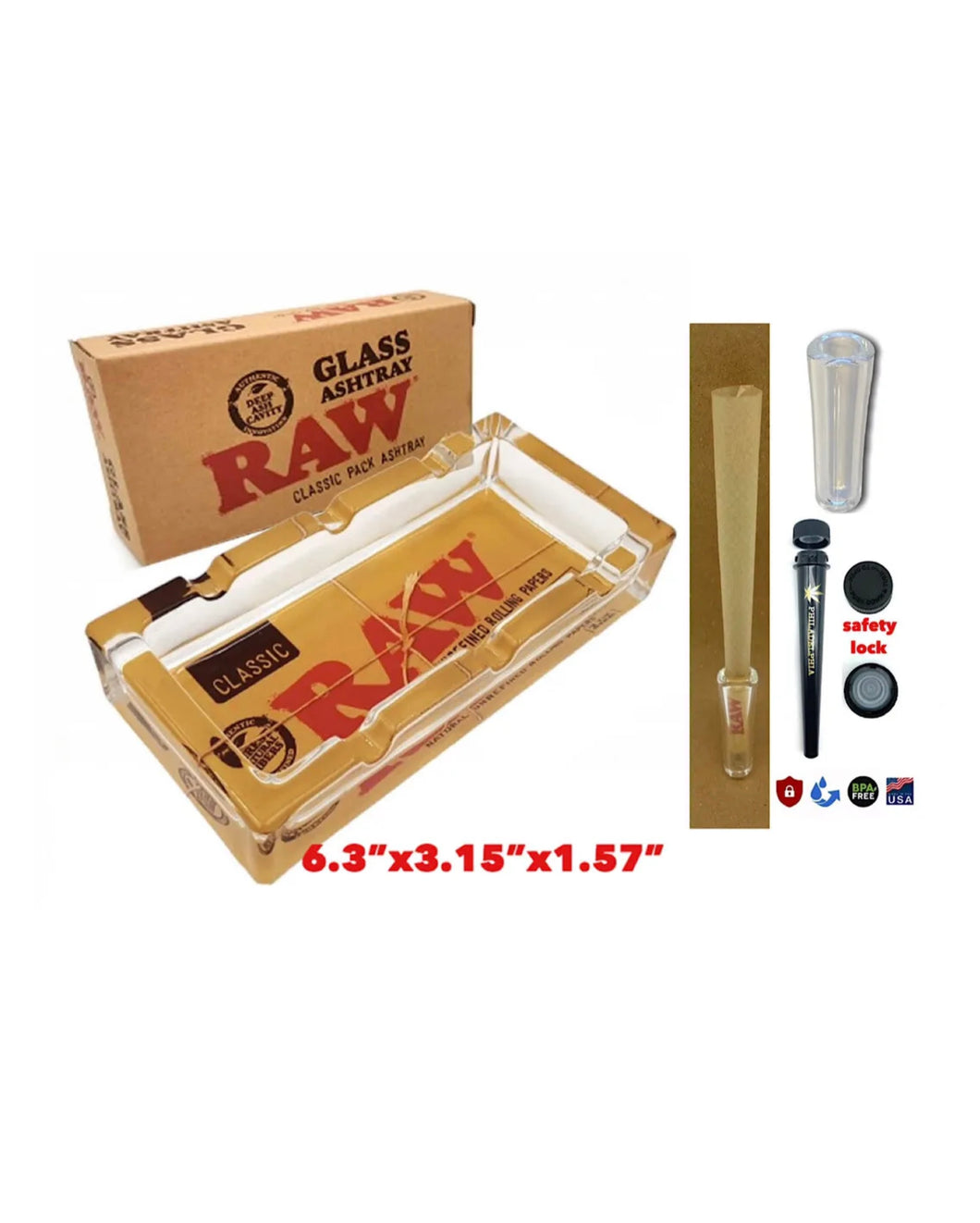 RAW Classic Pack Glass Ashtray 6.3x3.1x1.57 + safety lock tube+glass cone tip