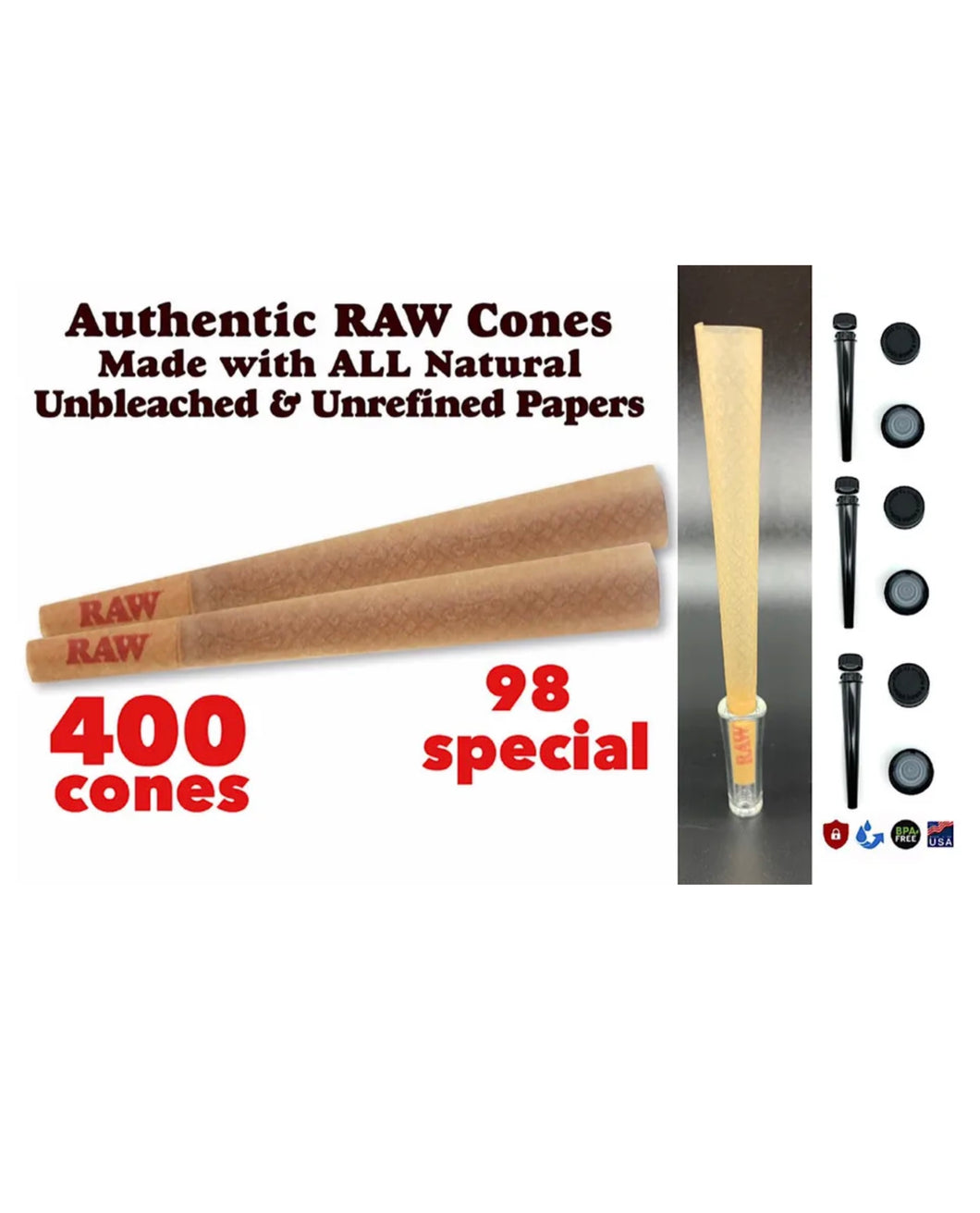 raw cone classic 98 special size pre rolled cone(400 pack)+3pcs tube +glass TIP