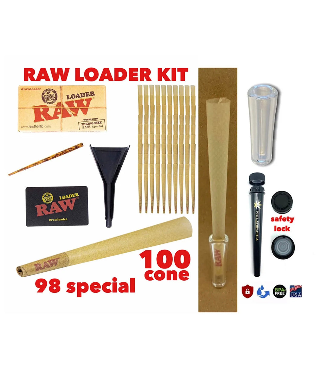 RAW Classic 98 special size Cone(100)+raw cone loader+GLASS TIP+PHILADELPHIAtube