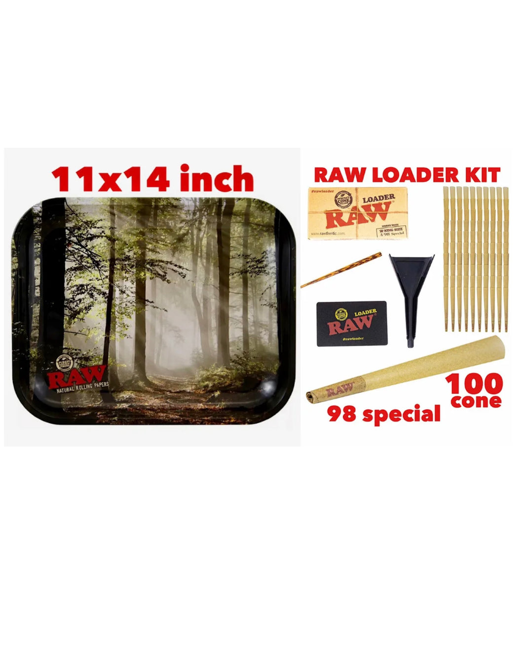 raw rolling metal tray(FOREST)large+raw 98 special size cone(100 pack)+cone loader kit