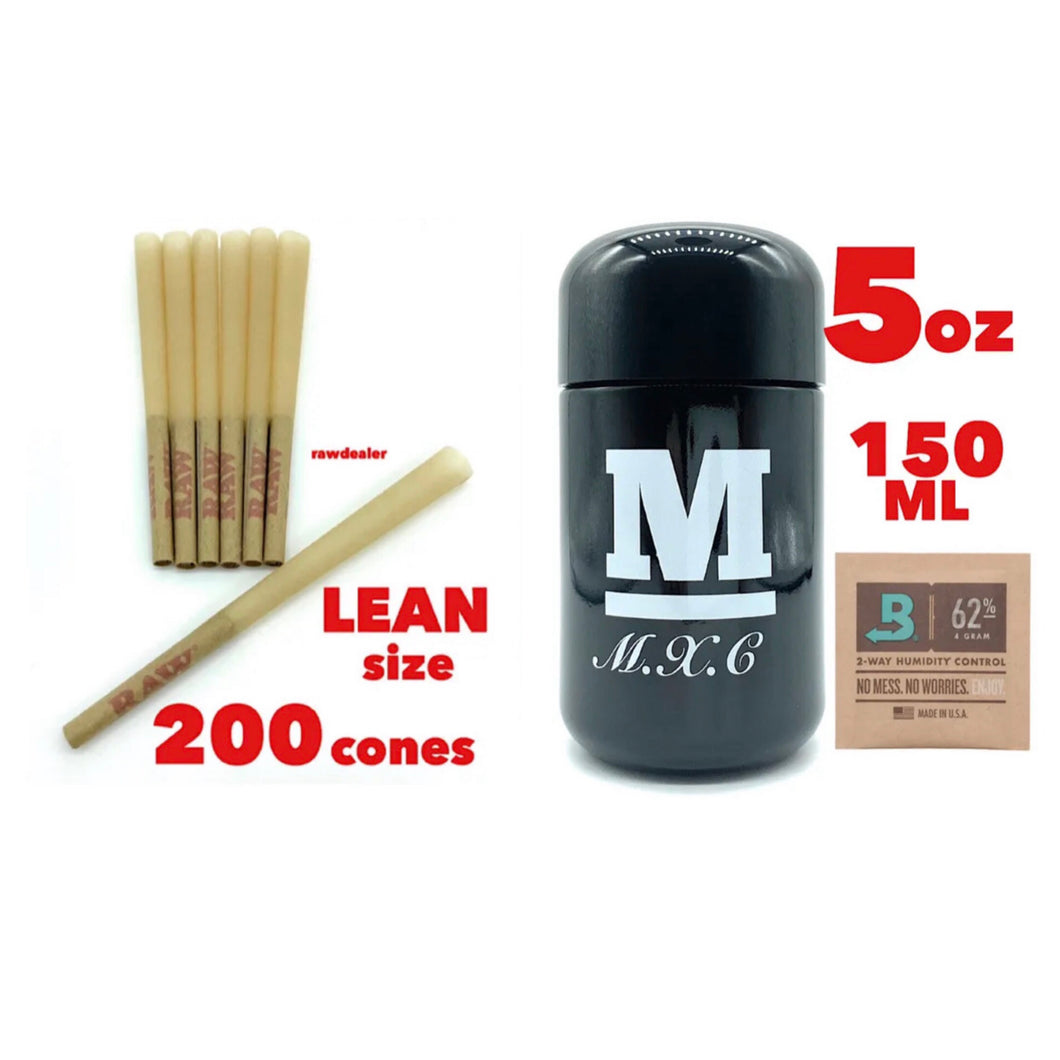 RAW classic LEAN size Cone (200pk, 100pk, 50pk)+M glass herb jar UV smell proof+boveda