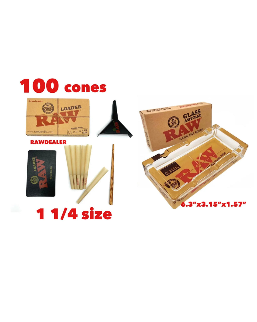 raw 1 1/4 size pre rolled cone(100 pack)+raw cone loader+ raw glass ashtray
