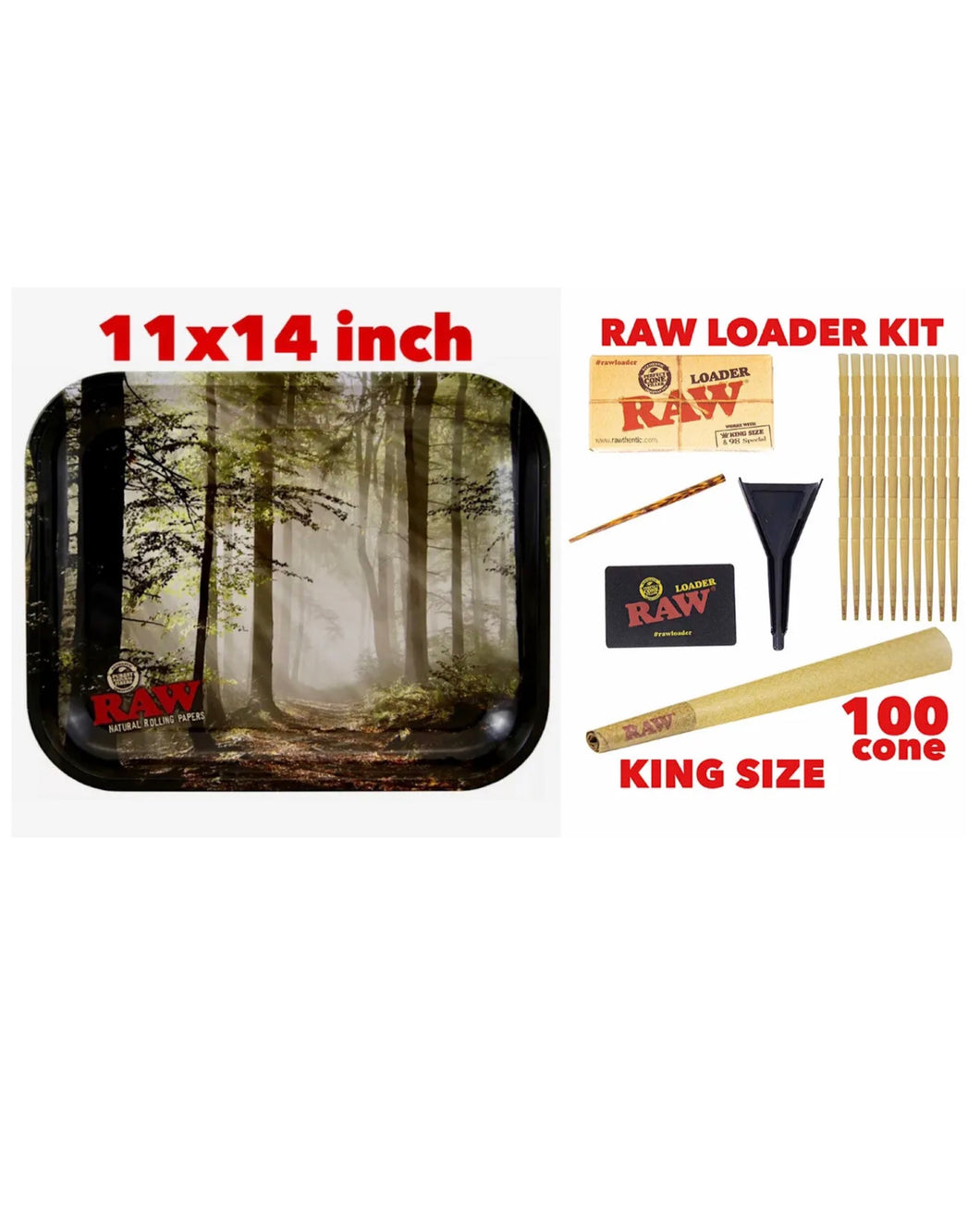 raw rolling metal tray(FOREST)large+raw king size cone(100 pack)+cone loader kit