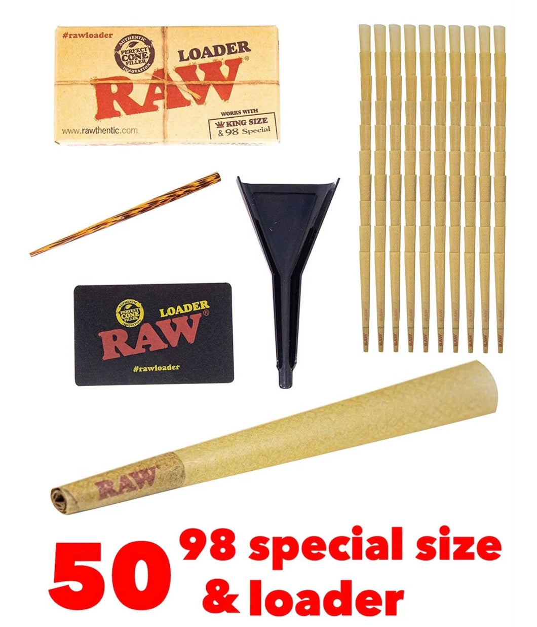 RAW Classic 98 special size Cones with Filter ( 50 packs)+ raw cone loader