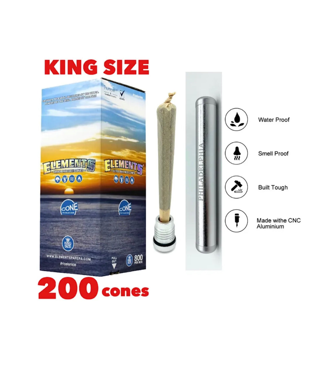 ELEMENTS organic cone king size(500pk, 300pk, 200pk, 100pk, 50pk)+ALUMINUM sealed smell water proof tube