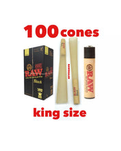 Load image into Gallery viewer, RAW BLACK king size pre rolled cone (300pk, 200pk, 100pk 50pk)+raw clipper lighter
