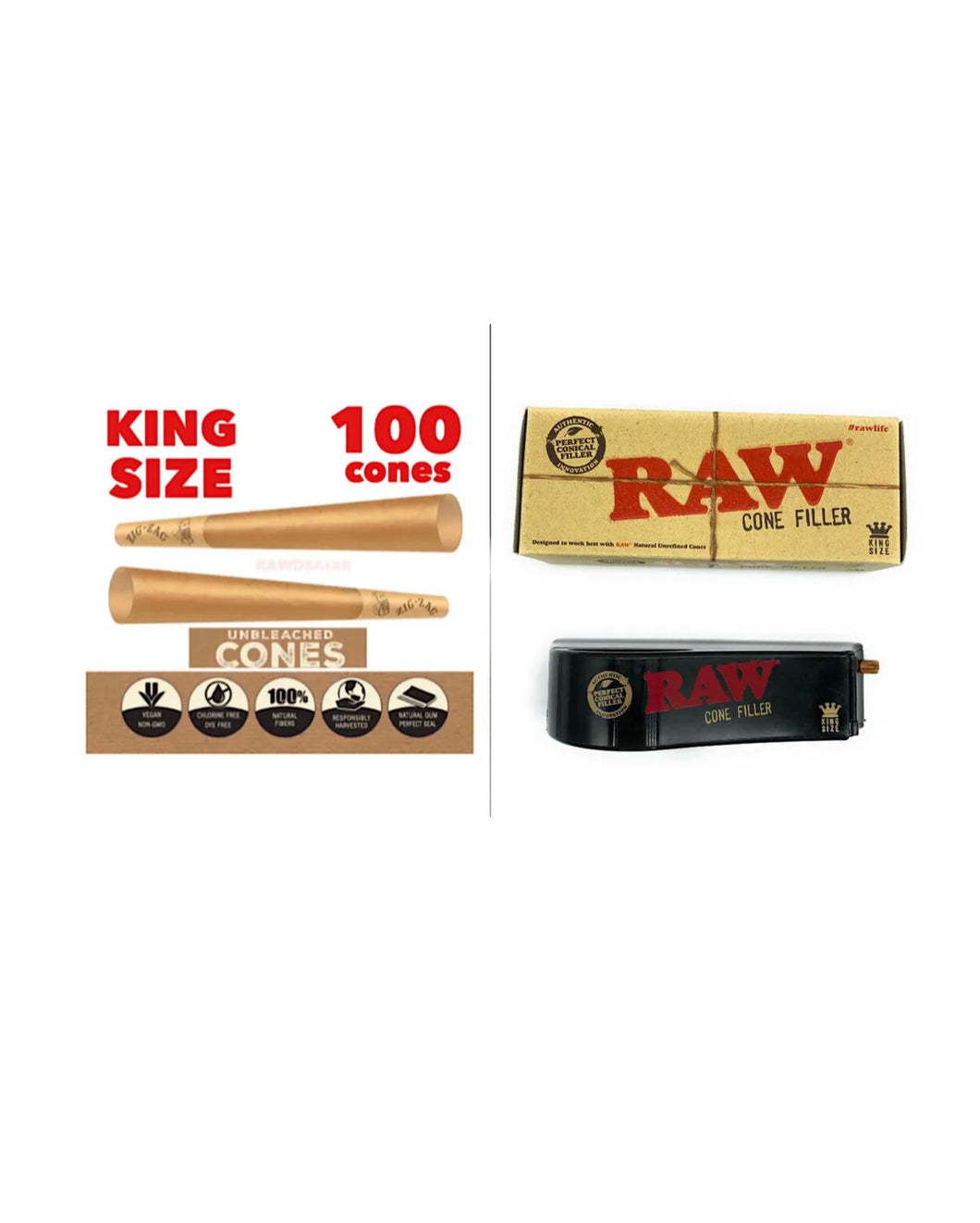 Zig Zag king size Unbleached Cone(100PK, 50PK)+raw king size cone Shooter filler