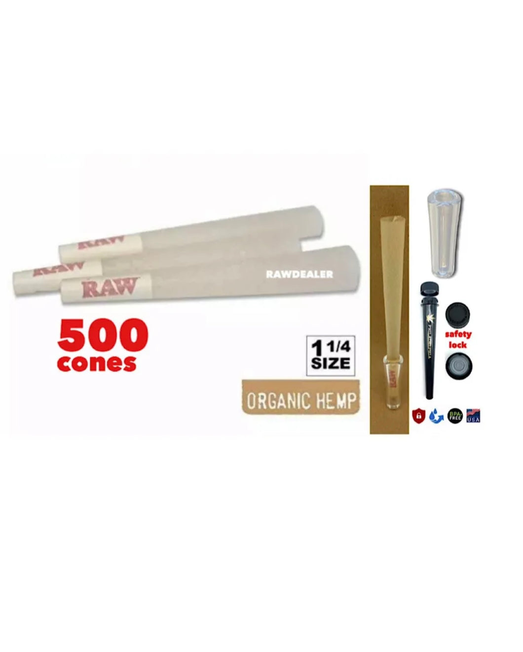 RAW cone organic hemp 1 1/4 size cone(100pk, 200pk, 300pk & 500pk) + tube+glass tip