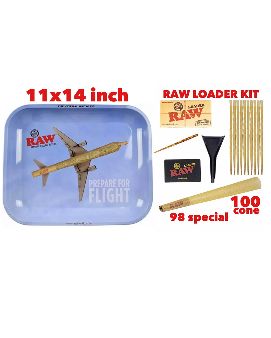 raw rolling metal tray(FLIGHT)large+raw 98 special size cone(100 pack)+cone loader kit