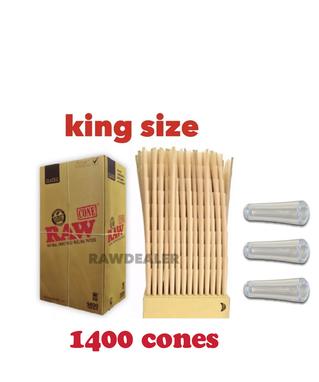 RAW classic king size pre rolled cone 1400 pack FULL BOX+3 glass cone holder tip