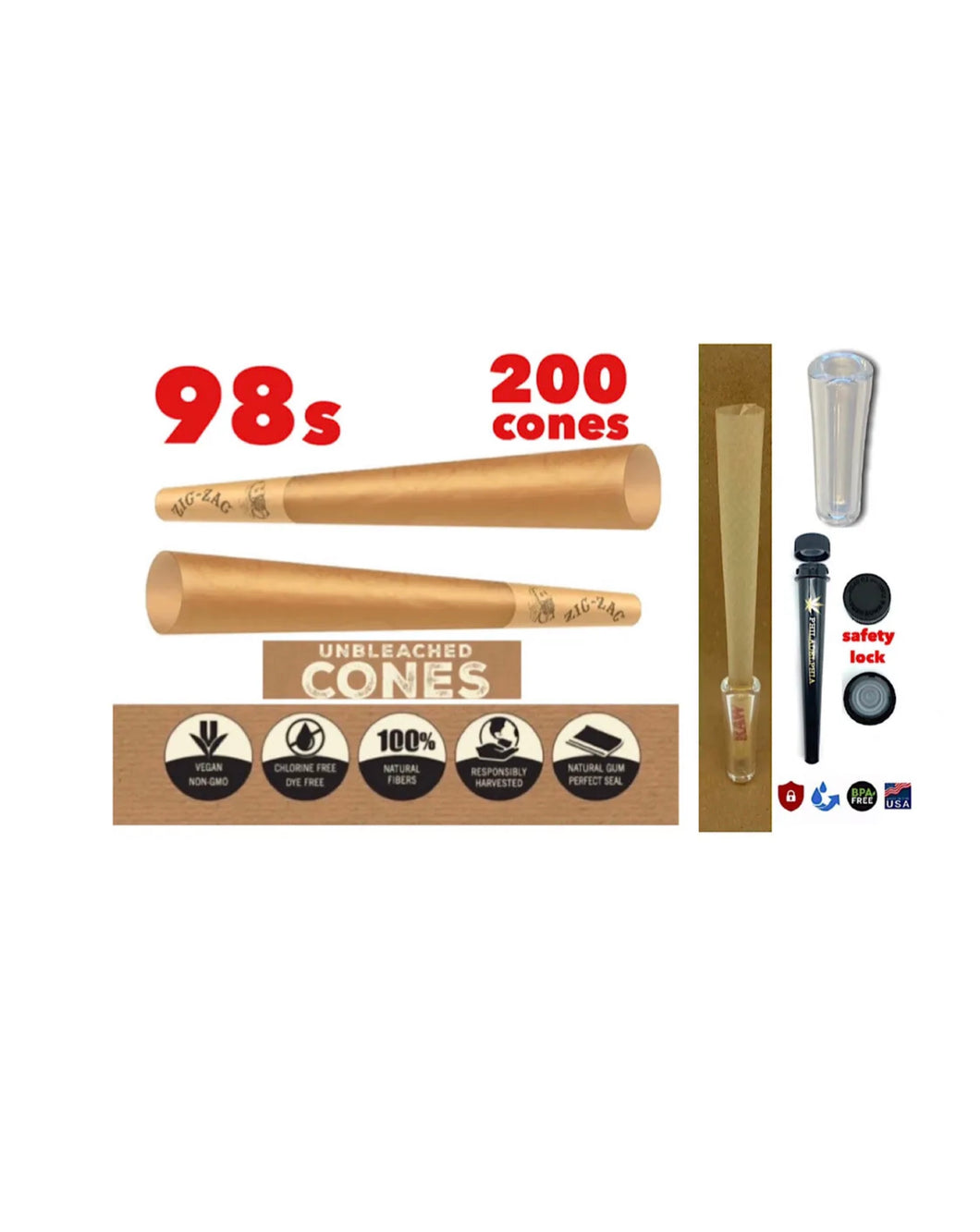 Zig Zag 98 s size Unbleached Cone (200pk, 100pk)+safety lock tube+glass cone tip
