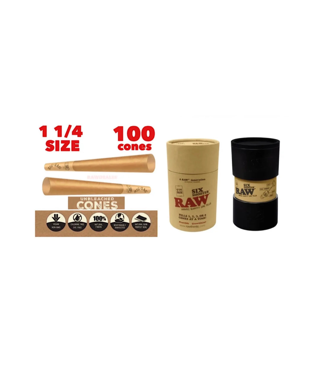 Zig Zag 1 1/4 size Unbleached Cone(100PK)+raw 1 1/4 size cone 6 six Shooter filler