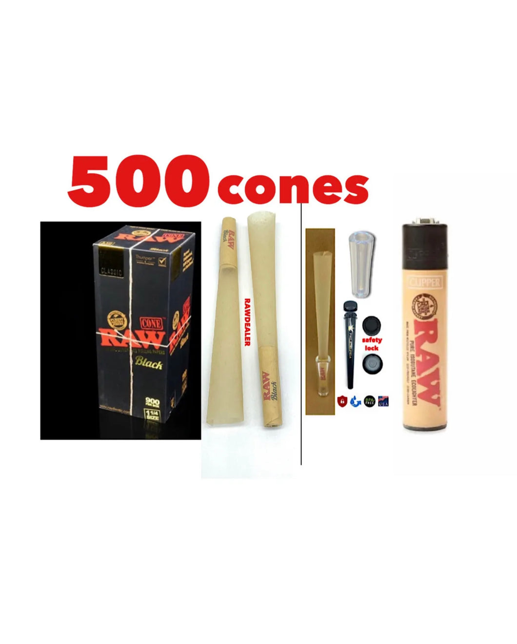 RAW BLACK 1 1/4 size cone(500PK, 300pk, 200pk & 100pk) +raw clipper lighter+glass cone tip+phily tube