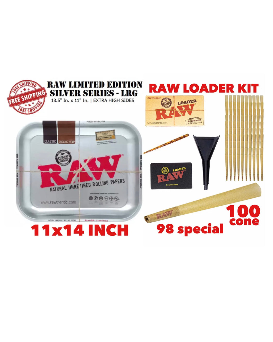 raw rolling metal tray(SILVER)large+raw 98 special size cone(100 pack)+cone loader kit