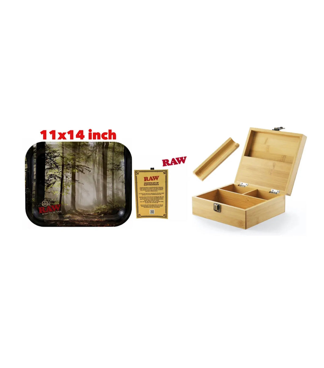 RAW large rolling metal tray 11”x14”(flight )+bamboo large stash handmade box