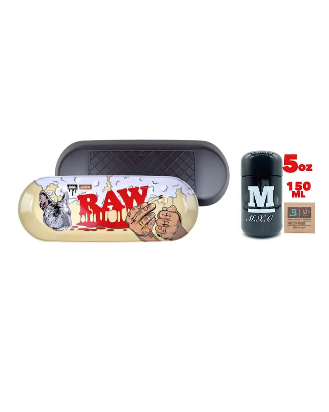 RAW X BOO JOHNSON SKATE DECK ROLLING TRAY 16.7”+M glass jar smell proof+boveda