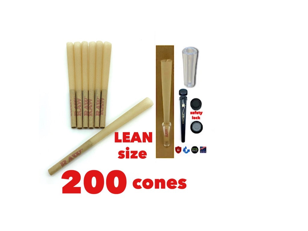 raw classic LEAN size pre-rolled cone (200pk, 100pk, & 50 pk)+ tube+glass cone tip