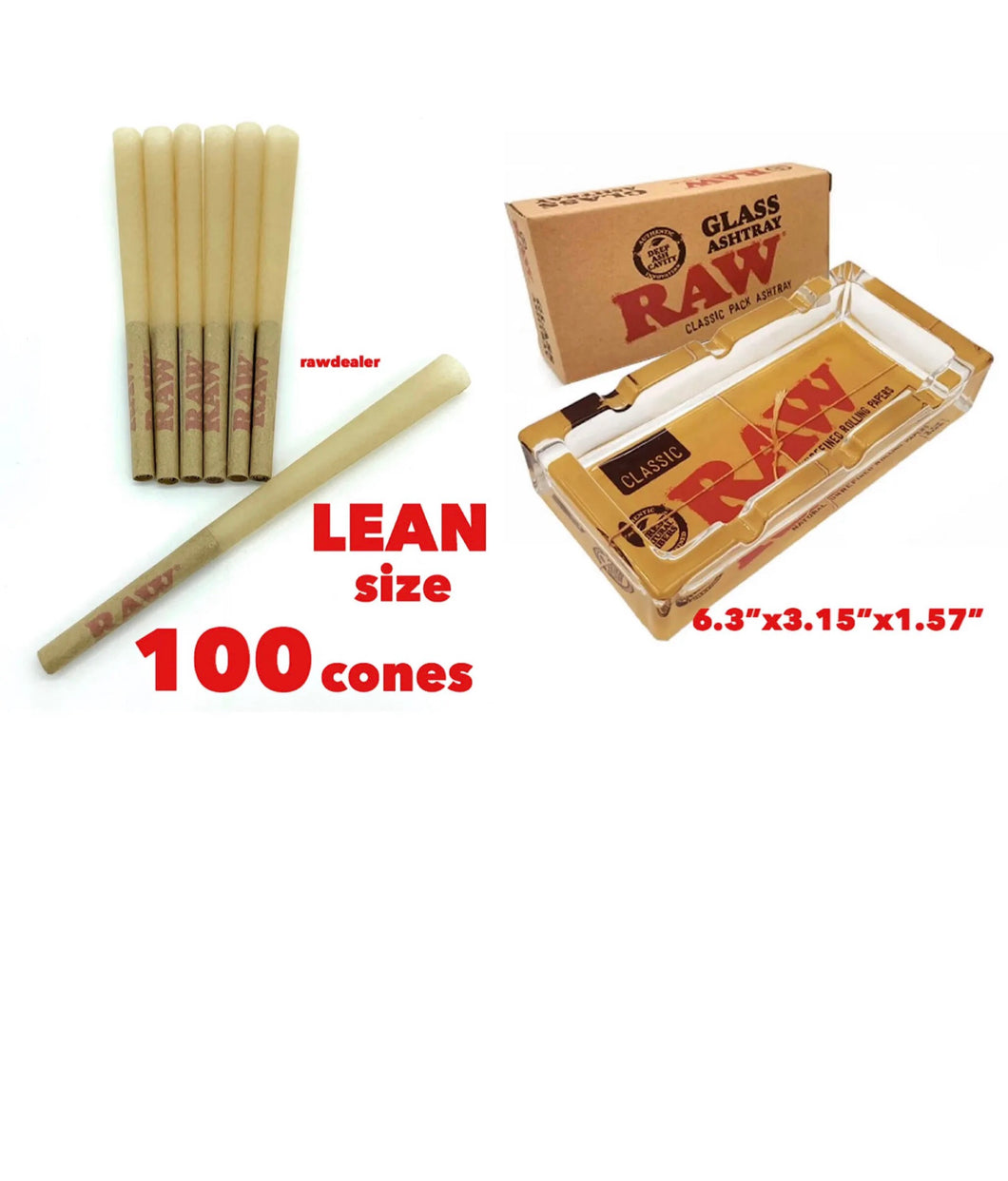 raw classic LEAN size pre-rolled cone with filter(100 pack)+ raw glass ashtray