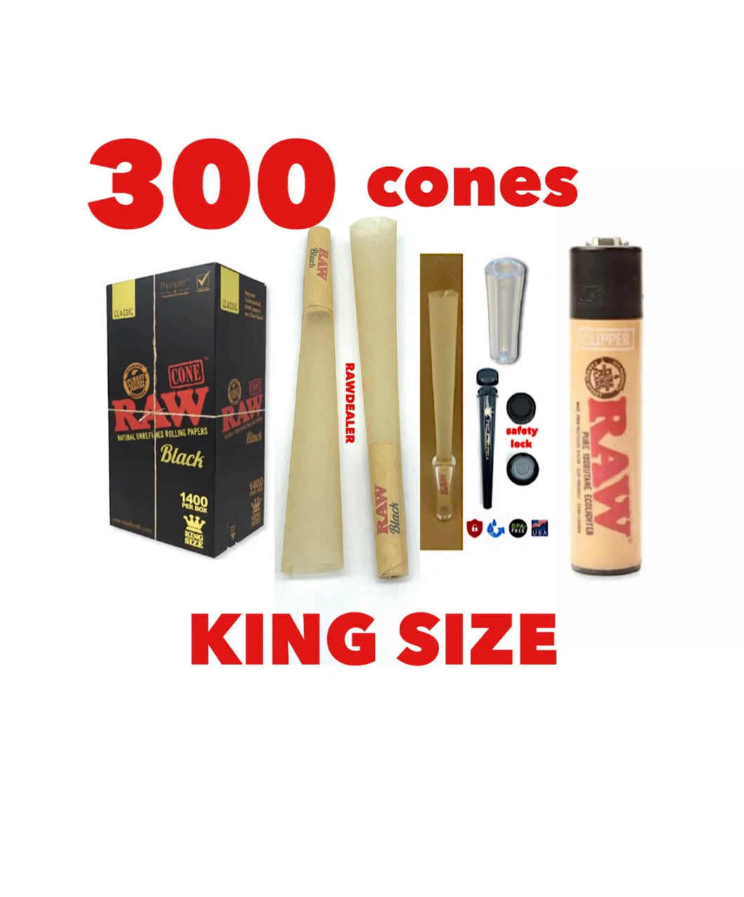 RAW BLACK king size cone(50pk, 100pk, 200pk & 300pk)+raw clipper lighter+glass cone tip+ tube