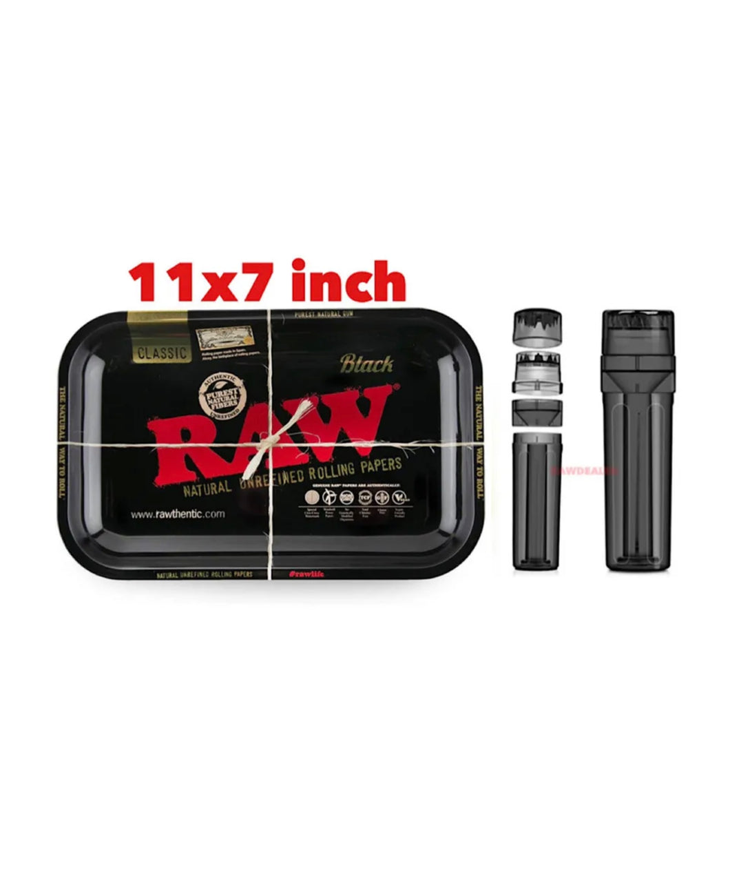 RAW rolling metal tray 11”x7”(black)+cone filler herb grinder storage 3 in 1