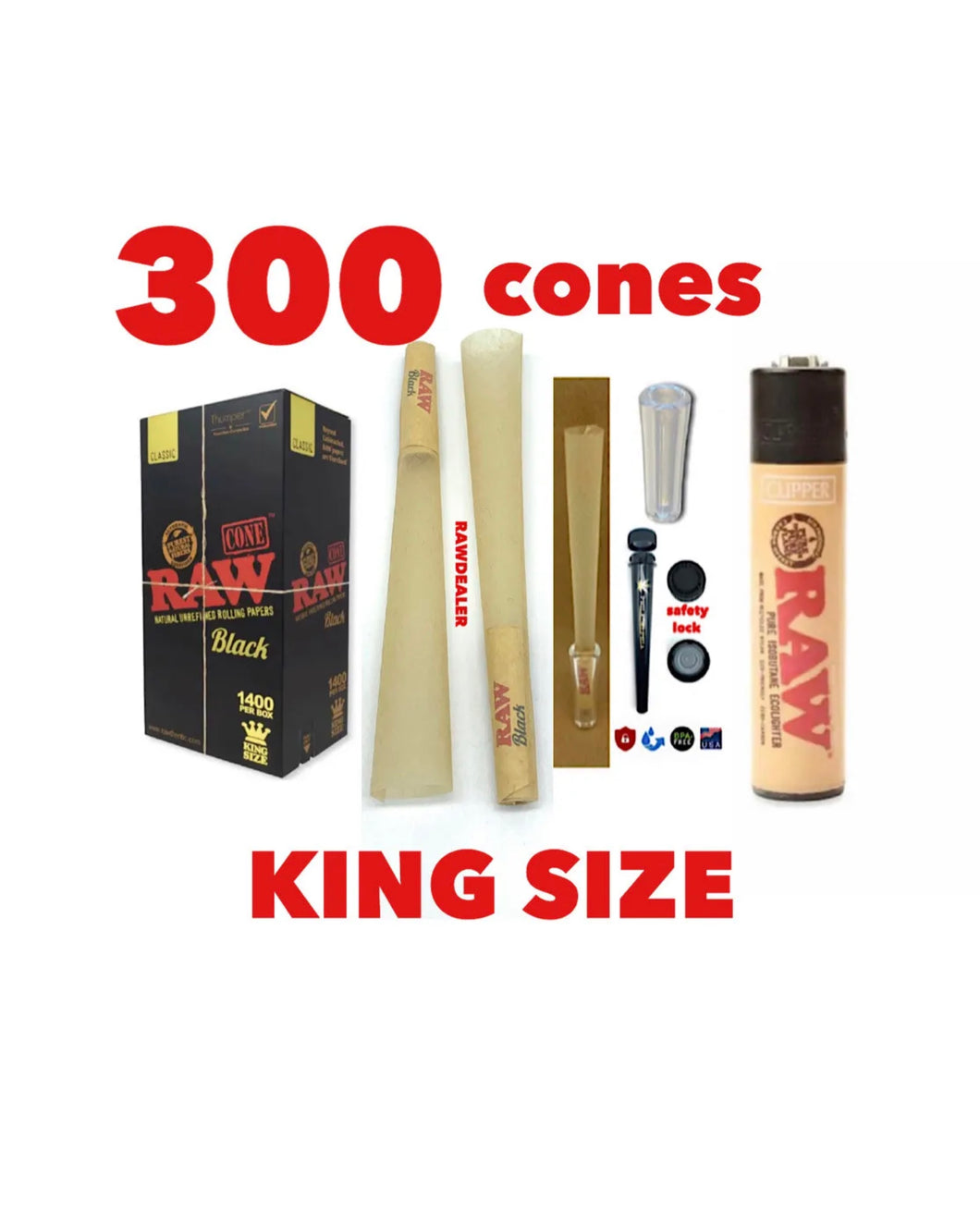 RAW BLACK king size cone(300pk, 200pk, 100pk, 50pk)+raw clipper lighter+glass cone tip+phily tube