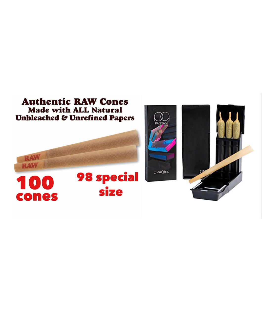 raw cone classic 98 special size pre rolled cone(100 pack)+JPAQ trio cone holder case