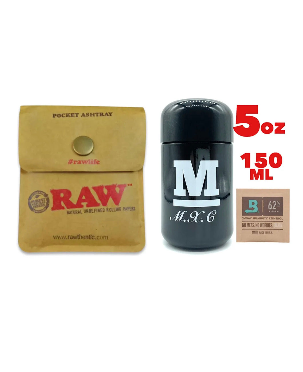 raw pocket ashtray+ M glass herb stash jar UV smell proof + boveda
