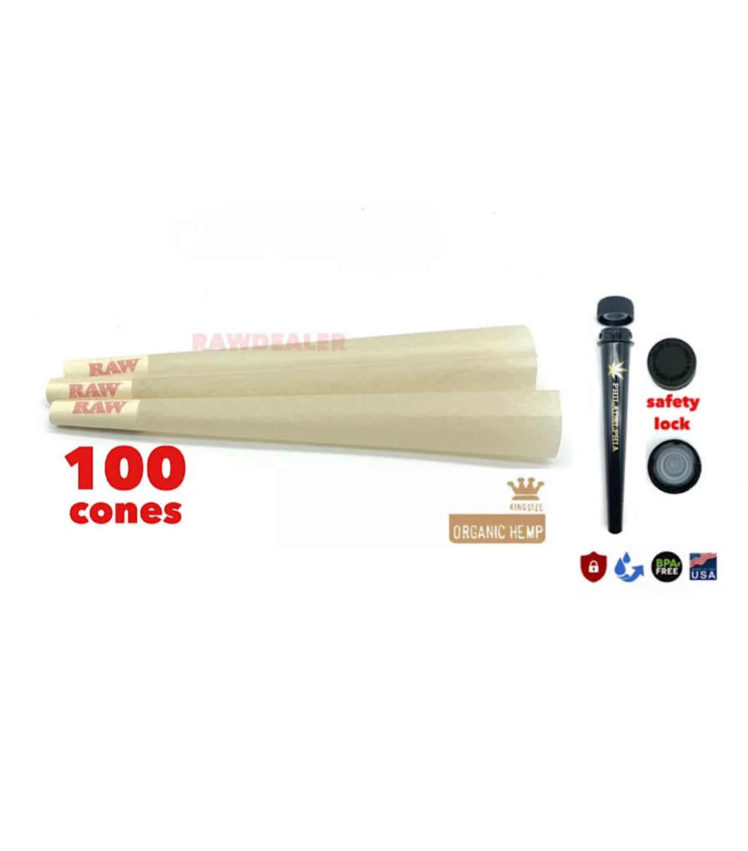 RAW organic hemp king size pre rolled cone (100 packs)+philadelphia safety tub