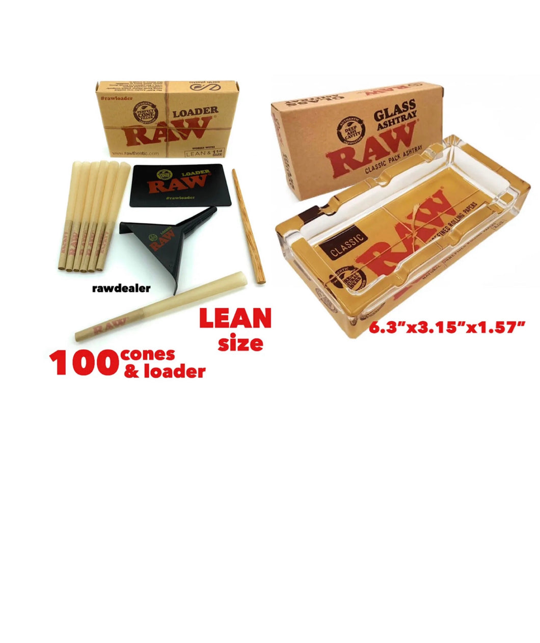raw LEAN size pre-rolled cone(100 pack)+raw corn loader+ raw glass ashtray