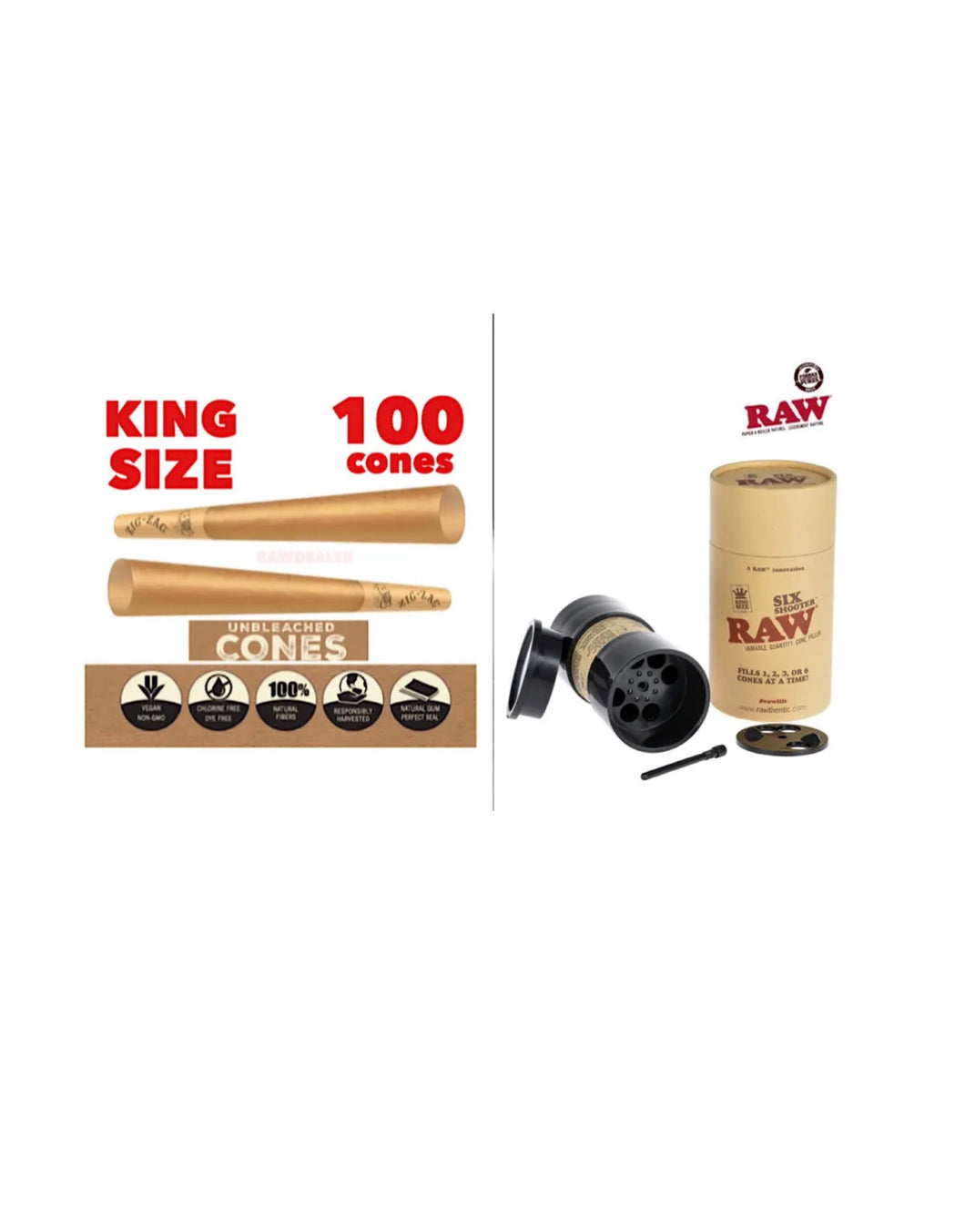 Zig Zag king size Unbleached Cone(100PK)+raw king size cone 6 six Shooter filler